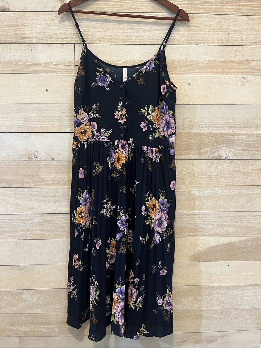 Xhilaration Navy Floral Midi Dress with Purple & Yellow Flowers
